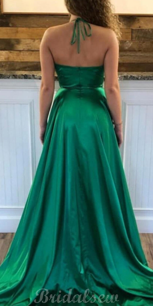 A-line Green Simple Side Slit Fashion Long Prom Dresses PD016