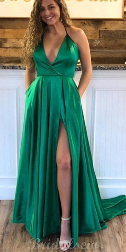 A-line Green Simple Side Slit Fashion Long Prom Dresses PD016