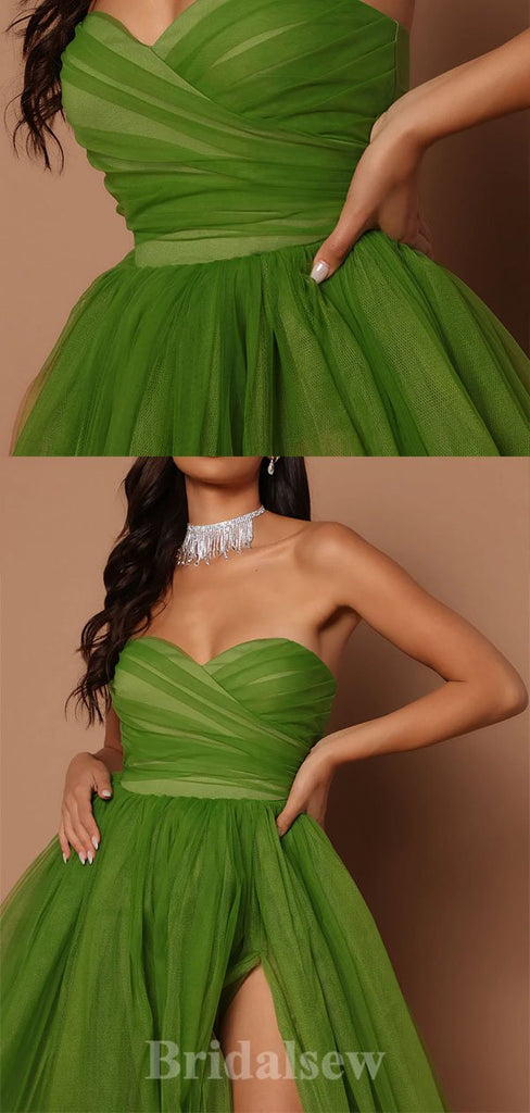 A-line Green Strapless Elegant Tulle Fashion Long Party Evening Prom Dresses, PD1268