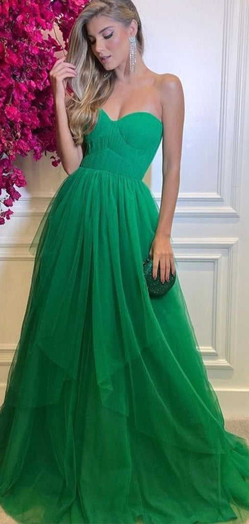 A-line Green Tulle Deep Strapless Fashion Elegant Long Women Evening Prom Dresses PD906