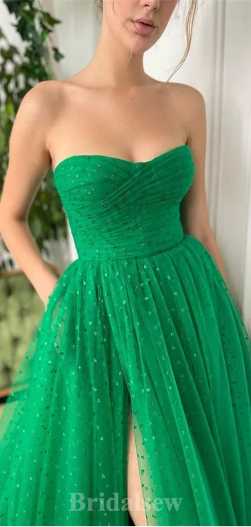 A-line Green Tulle Modest Elegant Strapless Popular Long Party Evening Prom Dresses PD1279