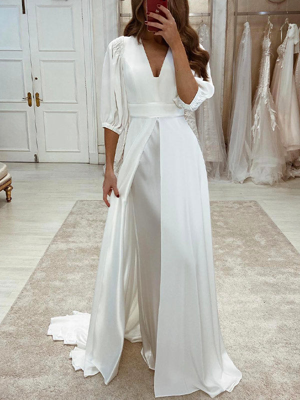 A-line Half Sleeves Simple Boho Vintage Dream Beach Long Wedding Dresses WD257