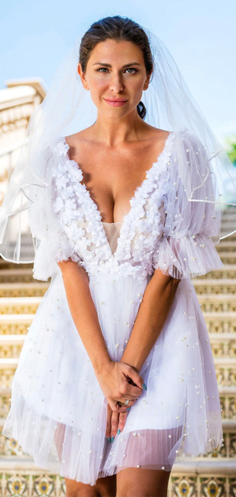 A-line Half Sleeves Unique Modest Vintage Romantic Beach Wedding Dresses WD155