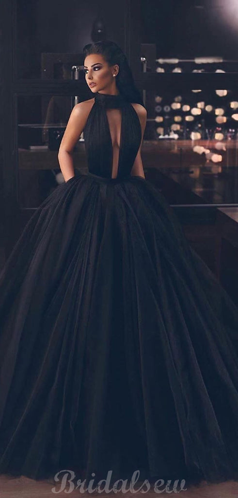 A-line Halter Black Tulle Evening Modest Long Prom Dresses Online PD120