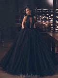 A-line Halter Black Tulle Evening Modest Long Prom Dresses Online PD120