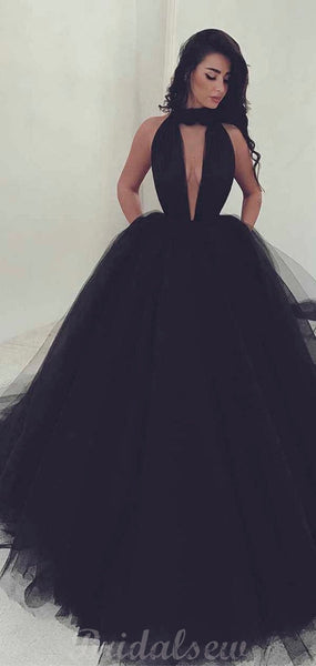 A-line Halter Black Tulle Evening Modest Long Prom Dresses Online PD12 ...
