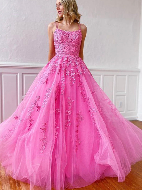 A-line Hot Pink Lace Popular Spaghetti Straps Modest Long Prom