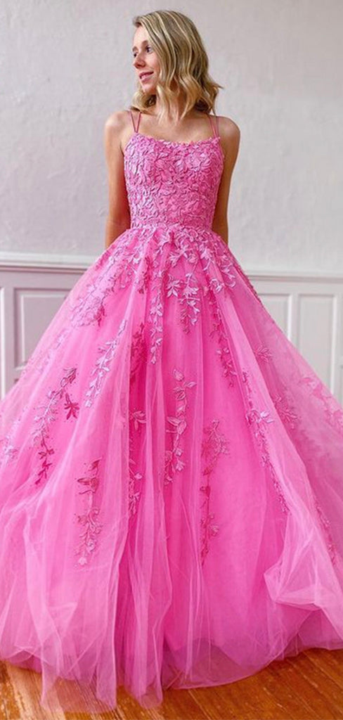 A-line Hot Pink Lace Popular Spaghetti Straps Modest Long Prom Dresses bridalsew A-line Hot Pink Lace Popular Spaghetti Straps Modest Long Prom Dresses bridalsew