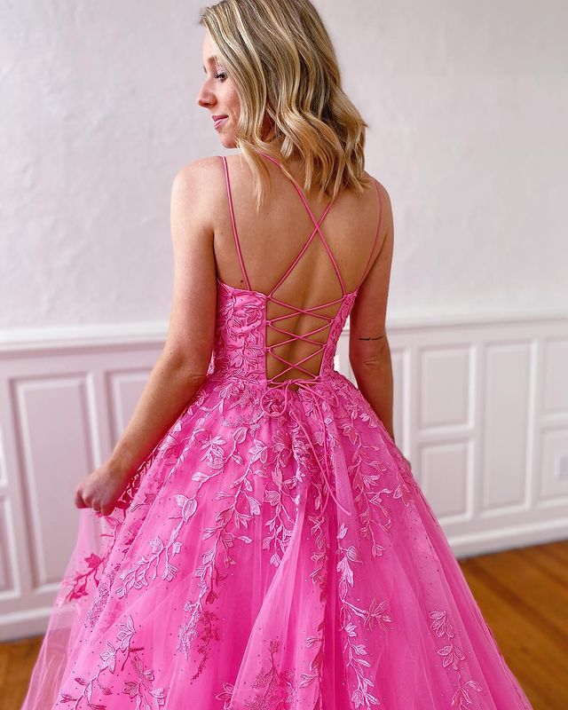 A-line Hot Pink Lace Popular Spaghetti Straps Modest Long Prom Dresses bridalsew A-line Hot Pink Lace Popular Spaghetti Straps Modest Long Prom Dresses bridalsew