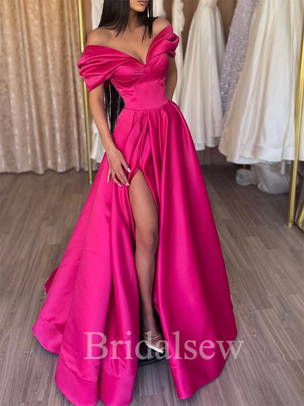 A-line Hot Pink Off the Shoulder Women Satin Elegant Formal Evening Long Prom Dresses PD551