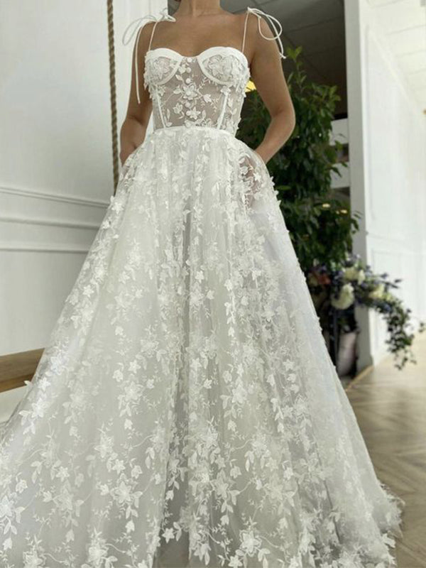 A-line Lace Applique Gorgeous Beach Long Wedding Dresses, Bridal Gown WD081