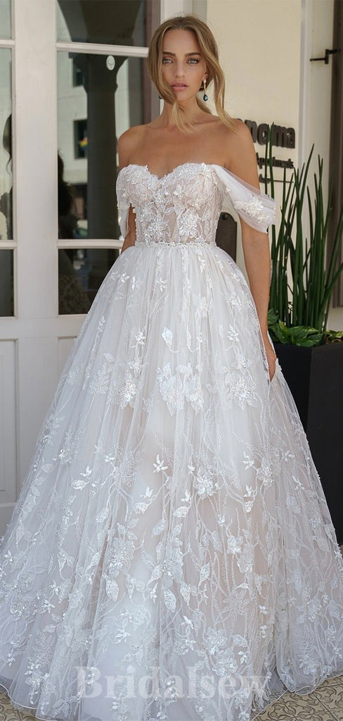 A-line Lace Best Vintage Off the Shoulder Luxurious Long Romantic Glitter Wedding Dresses WD414