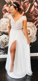 A-line Lace Cap Sleeves Luxurious Classic Beach Vintage Long Wedding Dresses WD397