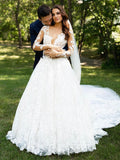 A-line Lace Long Sleeves Elegant Vintage Dream Beach Long Wedding Dresses, Bridal Gown WD477