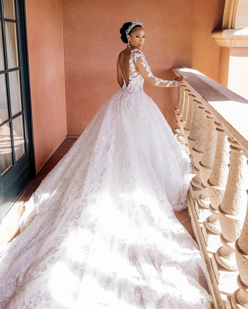 A-line Lace Long Sleeves Fairy Elegant Vintage Dream Beach Long Wedding Dresses, Bridal Gown WD475