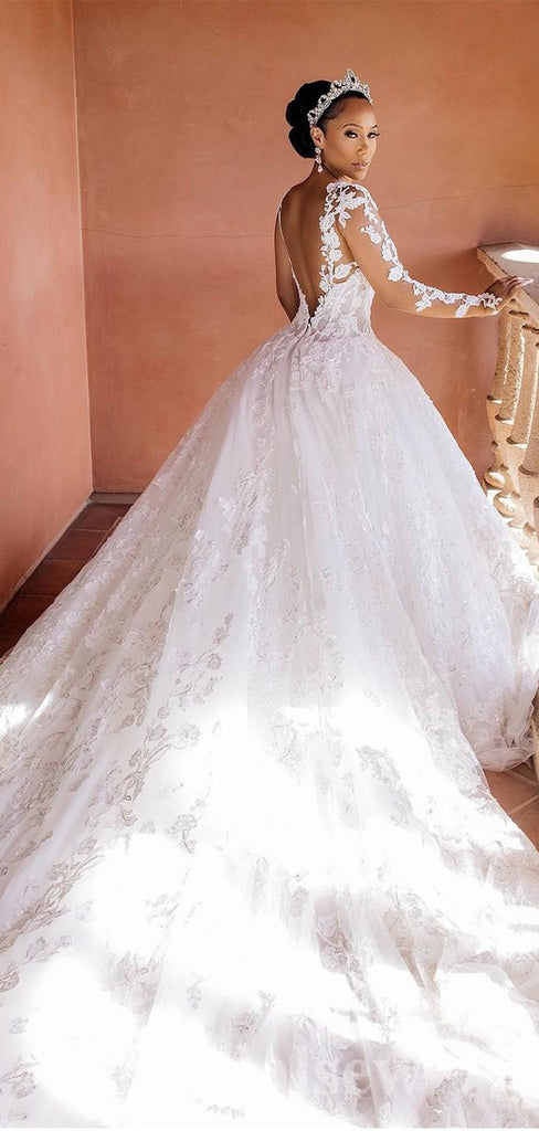 A-line Lace Long Sleeves Fairy Elegant Vintage Dream Beach Long Wedding Dresses, Bridal Gown WD475