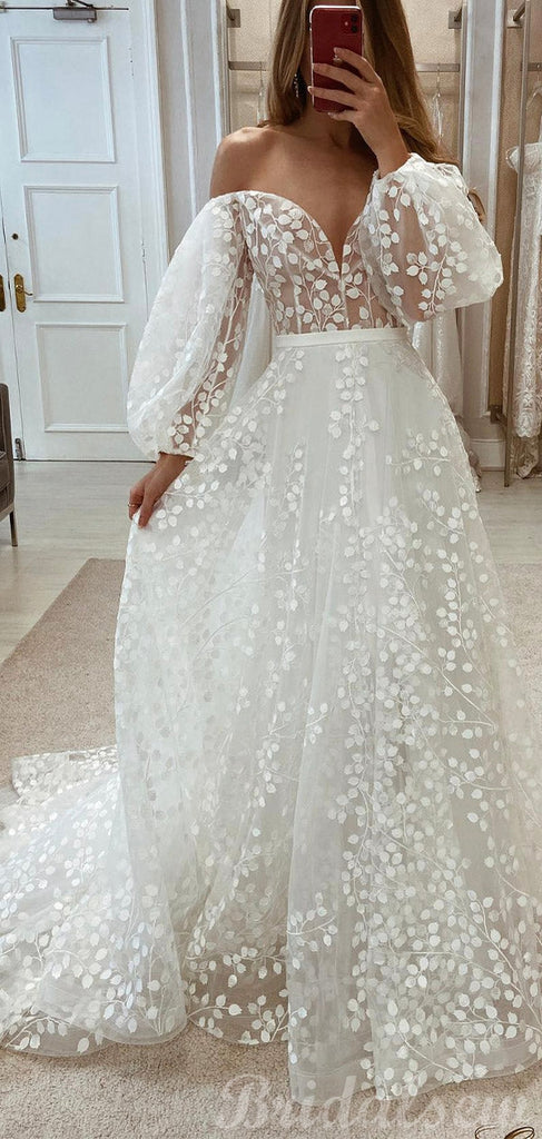 vintage lace long sleeve dress Vintage Modest Long Sleeve Boho Lace A-Line Sweep Train Wedding Dresses with Backless and Embroidery