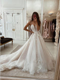 A-line Lace Popular Tulle Beach Unique Long Wedding Dresses WD012