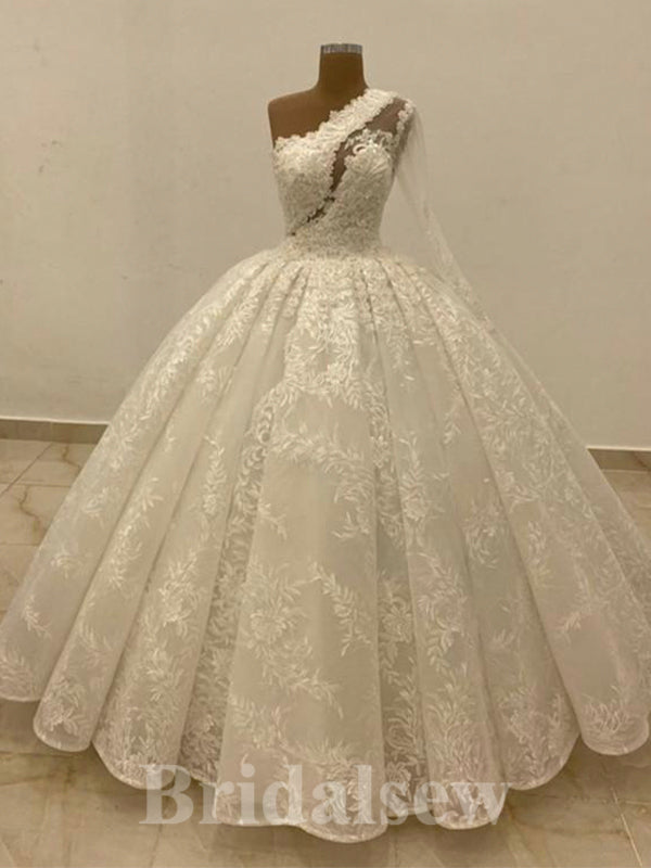 A-line Lace Princess Vintage Dream Beach One Shoulder Gorgeous Long Wedding Dresses, Bridal Gown WD453
