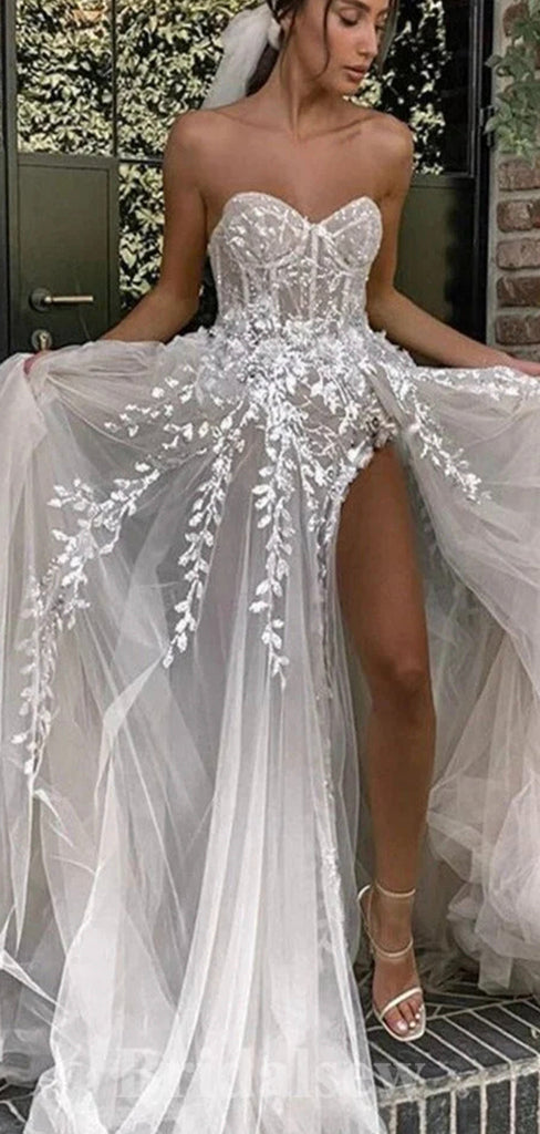 A-line Lace Strapless Custom Fairy Elegant Vintage Dream Beach Long Wedding Dresses, Bridal Gown WD476
