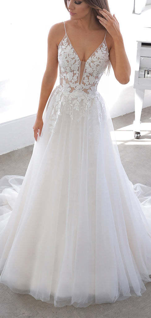 A-line Lace Spaghetti Straps V-Neck Beach Princess Wedding Dresses WD036