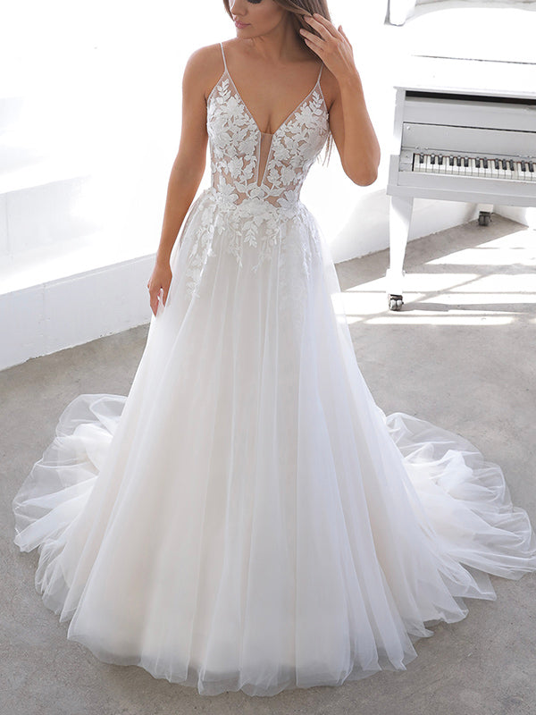 A-line Lace Spaghetti Straps V-Neck Beach Princess Wedding Dresses WD0 bridalsew A-line Lace Spaghetti Straps V-Neck Beach Princess Wedding Dresses WD0 bridalsew