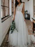 A-line Lace V-Neck Boho Elegant Dream Vintage Beach Long Wedding Dresses WD272