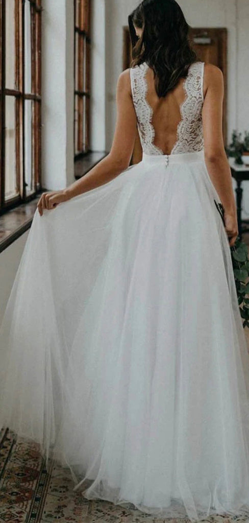 A-line Lace V-Neck Boho Elegant Dream Vintage Beach Long Wedding Dresses WD272