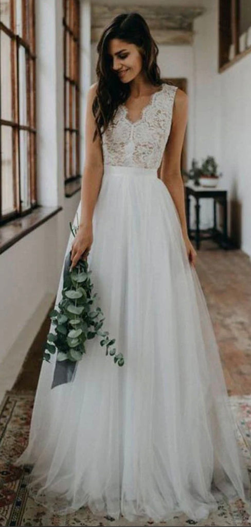 A-line Lace V-Neck Boho Elegant Dream Vintage Beach Long Wedding Dresses WD272