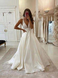 A-line V-Neck Vintage Satin Popular Romantic Wedding Dresses WD005