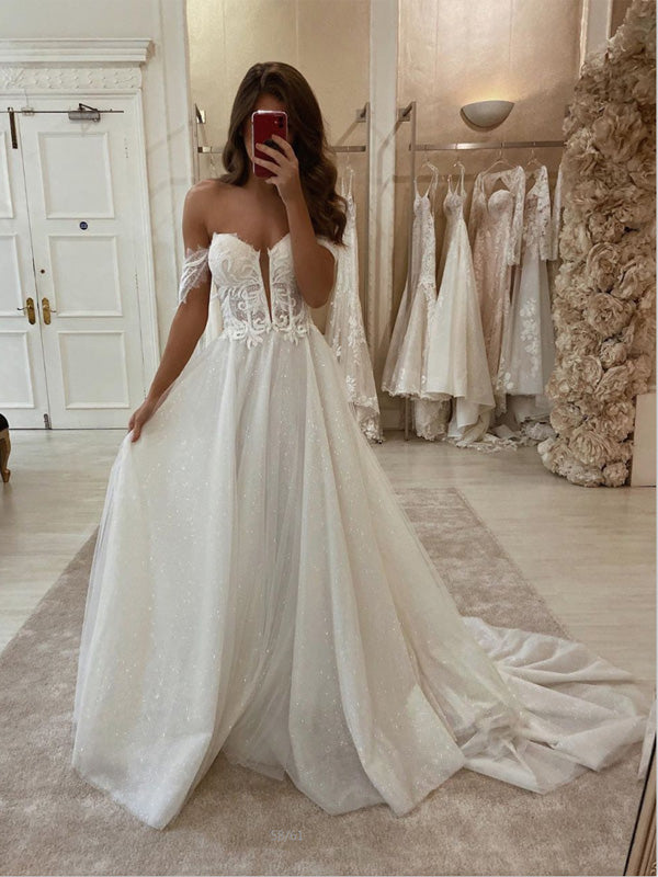 A-line Lace Vintage Sparkly Off the shoulder Wedding Dresses WD063