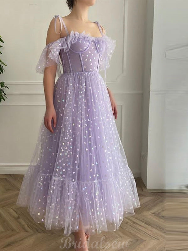 A-line Lavender Tulle Off-the-Shoulder Tulle Modest Tea -Length Prom D –  bridalsew