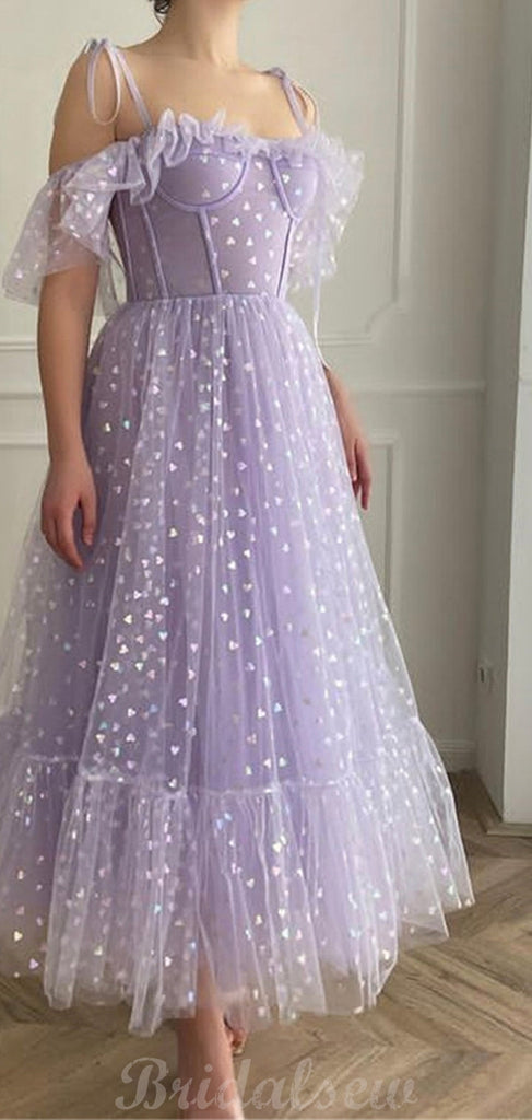 A-line Lavender Tulle Off-the-Shoulder Tulle Modest Tea -Length Prom Dresses PD087