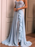 A-line Light Blue Chiffon Popular Modest Formal Long Prom Dresses for Party PD299