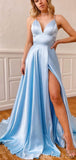A-line Light Blue Spaghetti Straps Simple Modest Long Evening Prom Dresses PD225