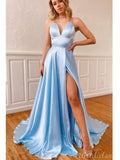 A-line Light Blue Spaghetti Straps Simple Modest Long Evening Prom Dresses PD225