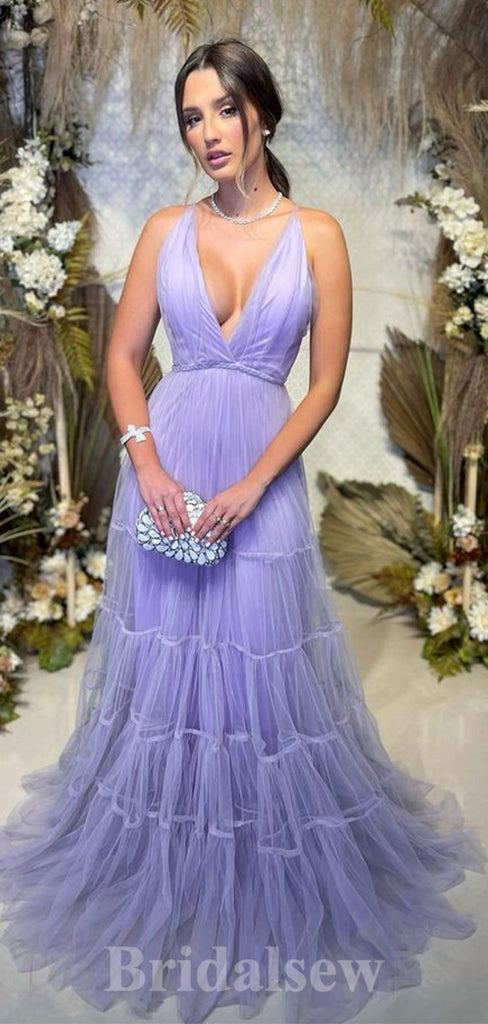 A-line Lilac Tulle Deep V-Neck New Best Modest Elegant Long Women Evening Prom Dresses PD905
