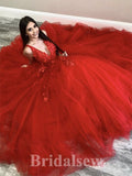 A-line Long Red Lace Appliques Tulle Modest Princess Party Prom Dresses, Ball Gown PD1181