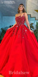 A-line Long Red One Shoulder Sparkly Tulle Modest Princess Party Prom Dresses, Ball Gown PD1182