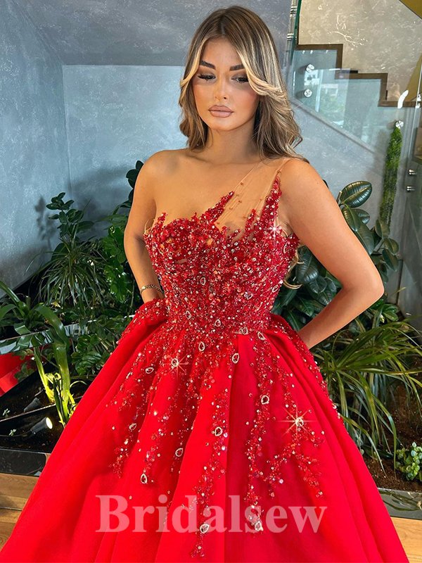 A-line Long Red One Shoulder Sparkly Tulle Modest Princess Party Prom Dresses, Ball Gown PD1182