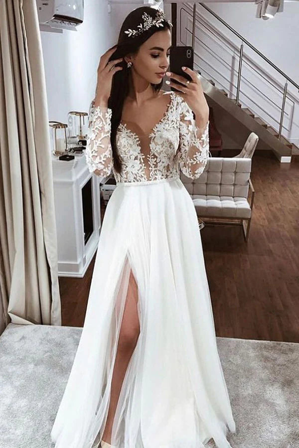 A-line Long Sleeves Beach Long Wedding Dresses Online WD078
