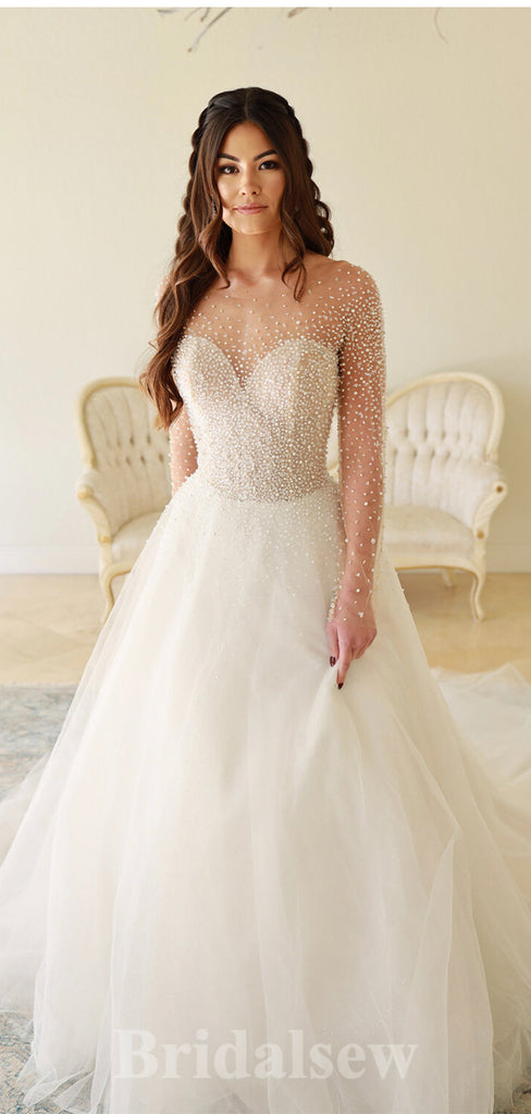 A-line Long Sleeves Beaded Fantasy Luxurious Beach Vintage Long Wedding Dresses WD377