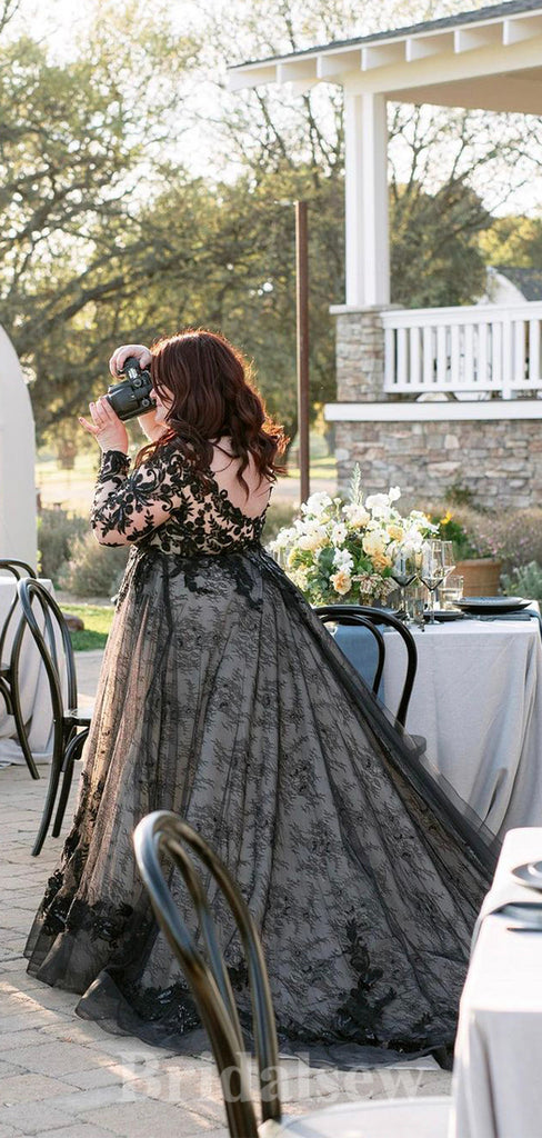 A-line Long Sleeves Black Lace Unique Gorgeous Vintage Dream Beach Elegant Long Wedding Dresses, Bridal Gown WD460
