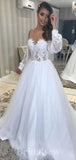 A-line Long Sleeves Floor-Length Lace Tulle Unique Garden Beach Vintage Long Wedding Dresses WD330