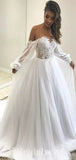 A-line Long Sleeves Floor-Length Lace Tulle Unique Garden Beach Vintage Long Wedding Dresses WD330