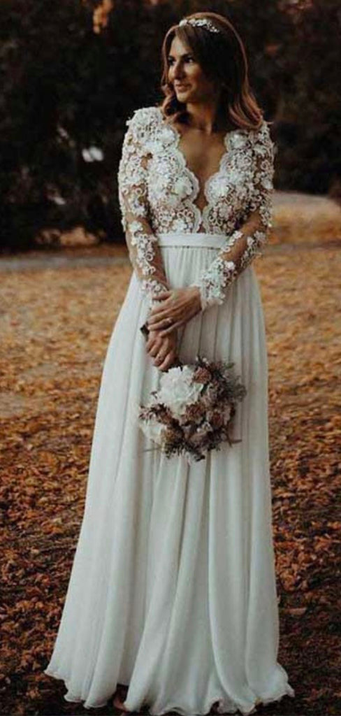A-line Long Sleeves Lace Appliques Popular Dream Vintage Beach Long Wedding Dresses WD273