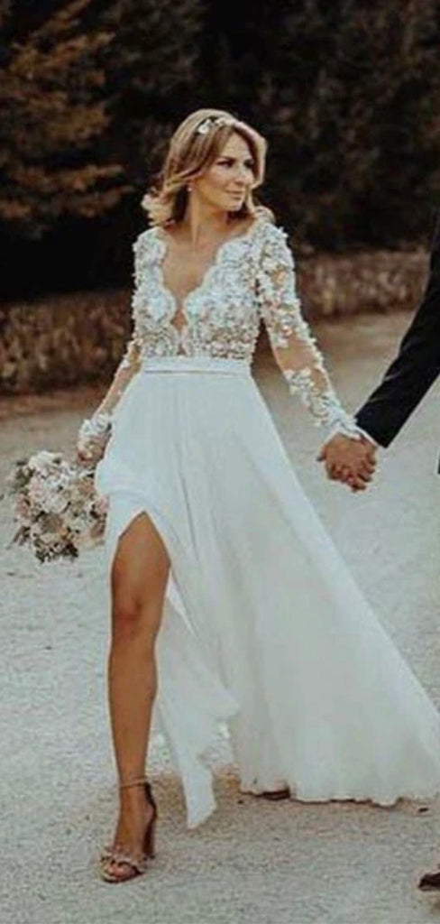 A-line Long Sleeves Lace Appliques Popular Dream Vintage Beach Long Wedding Dresses WD273