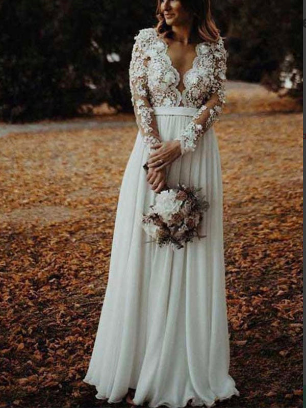 A-line Long Sleeves Lace Appliques Popular Dream Vintage Beach Long Wedding Dresses WD273