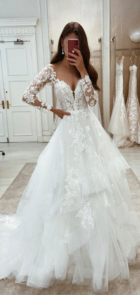 A-line Long Sleeves Lace Elegant Hot Sale Wedding Dresses WD072