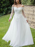 A-line Long Sleeves Off the Shoulder Beach Vintage Garden Long Wedding Dresses WD131